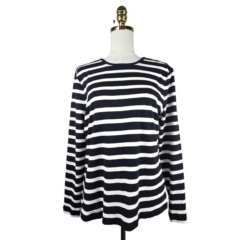 Lauren Ralph Lauren Top Womens XXL Black White Striped L/S Shirt Preppy Coastal